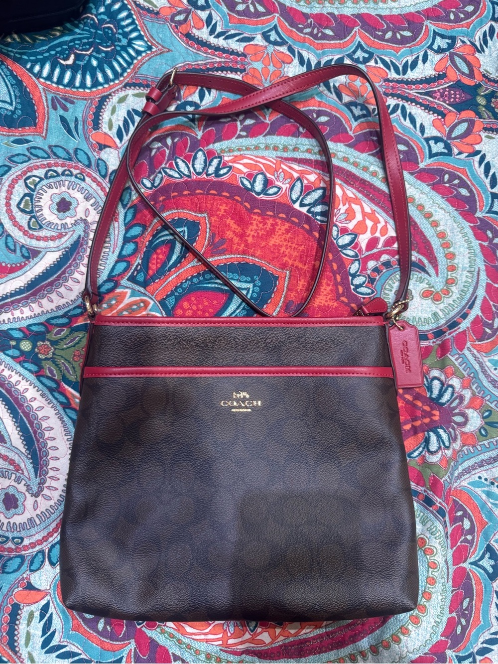 Coach Brown Signature Crossbody Bag with Burgundy Trim
